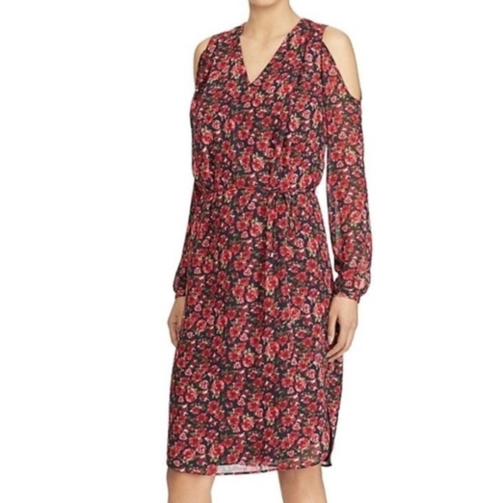Ralph Lauren Black and Red Floral Cold-Shoulder Midi Dress